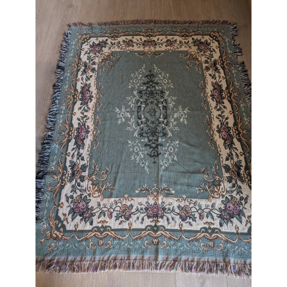 Vintage Woven Tapestry Throw Blanket Floral Damask Sage Green Fringe Grannycore